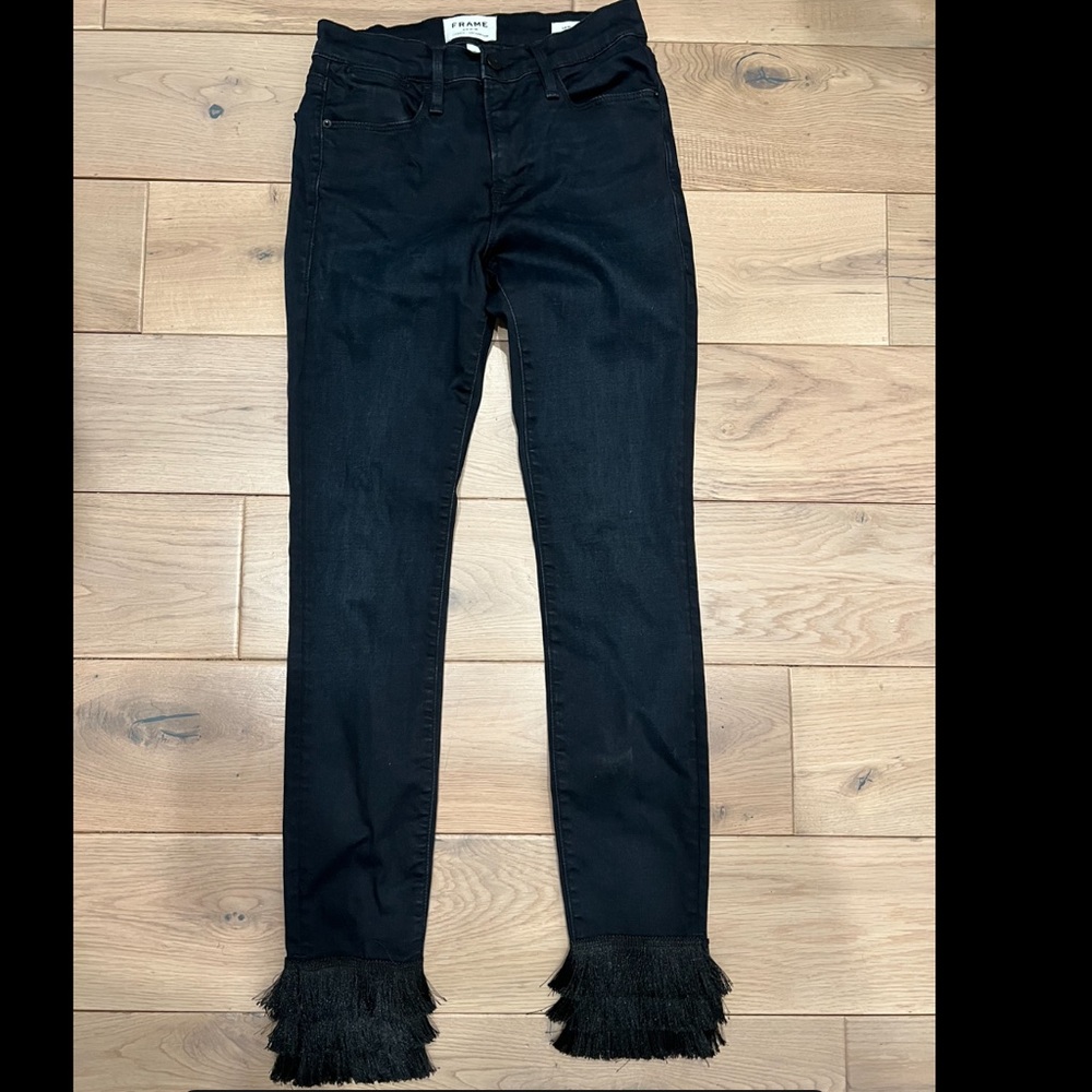 FRAME Le High Skinny Black Fringe Jeans